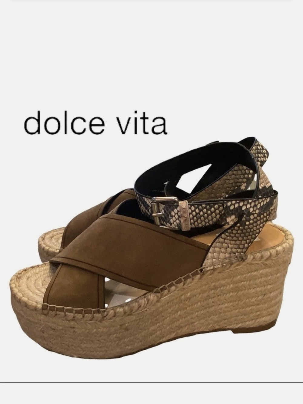 Dolce Vita Brown Espadrille Wedge Sandals with Snake-Print Ankle Strap